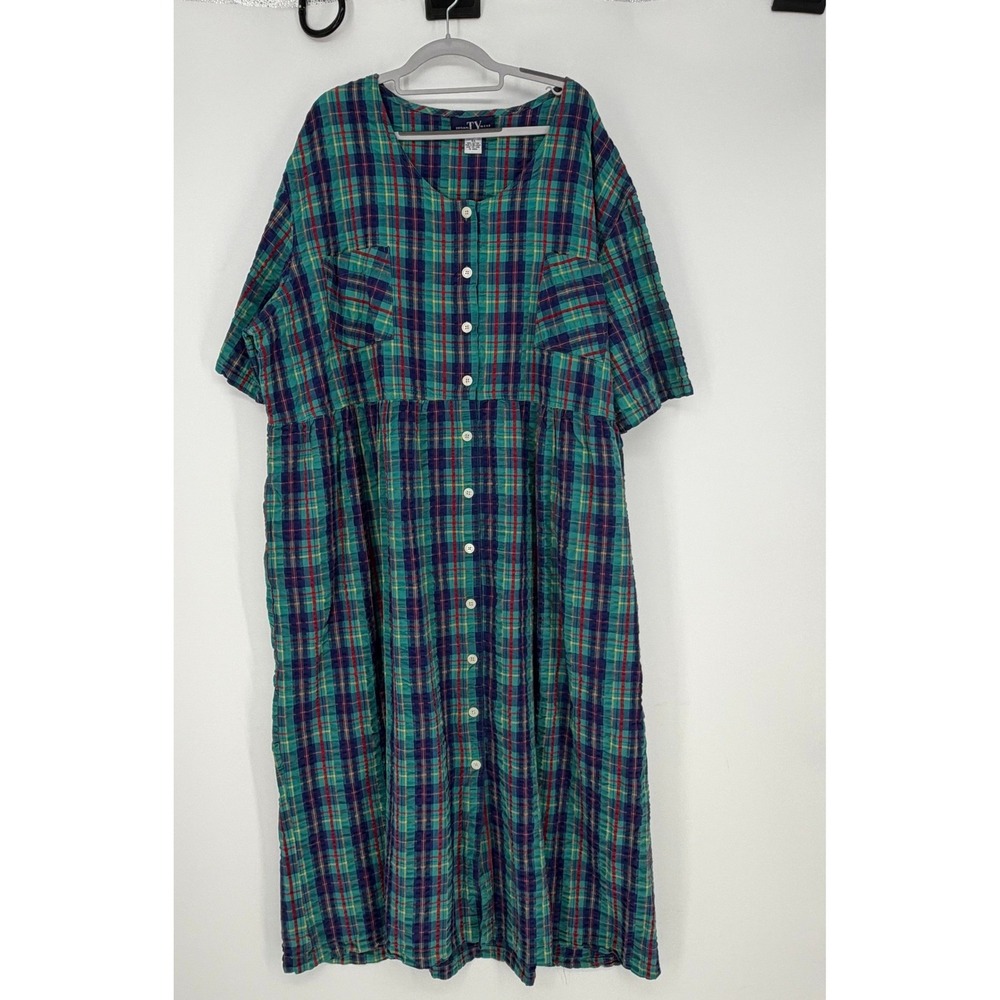 VTG Original TY Wear Dress Womens 5X Teal Plaid Button Front Maxi Cottagecore